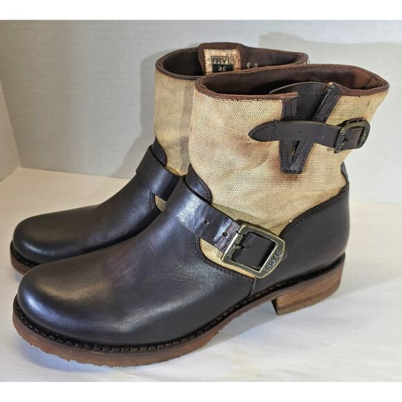 Frye Women's Brown/ Beige Veronica Canvas/Leather Shortie Ankle Boots Size 8B - Picture 2 of 16